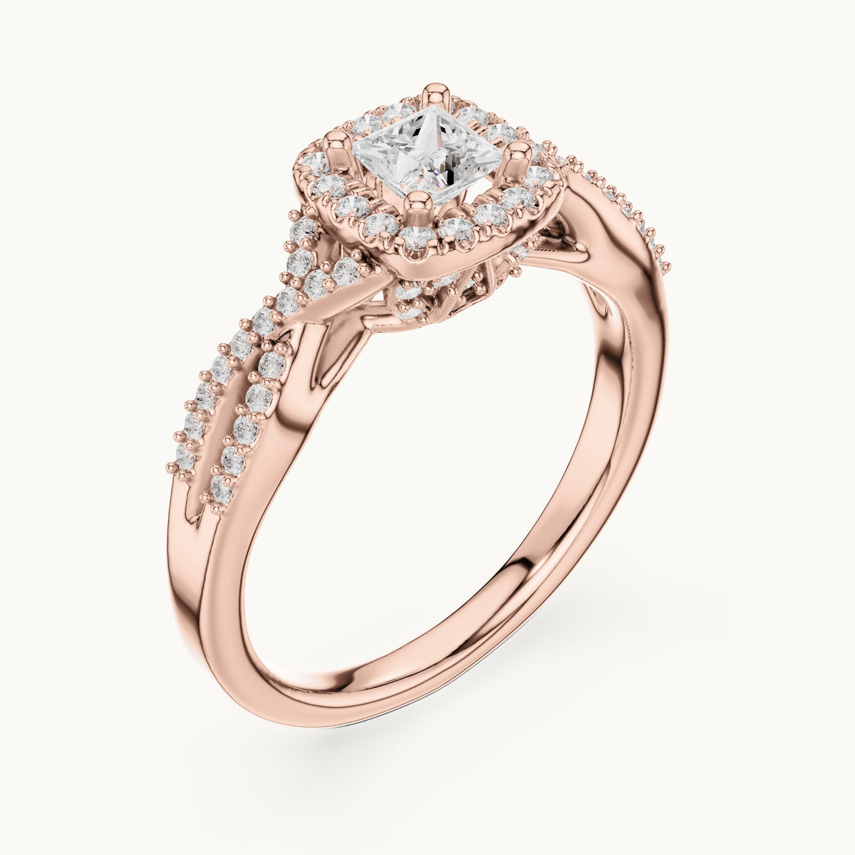 Round and princess-cut lab-grown diamond twisted halo engagement ring in rose gold, 0.688 CT TW, view 2