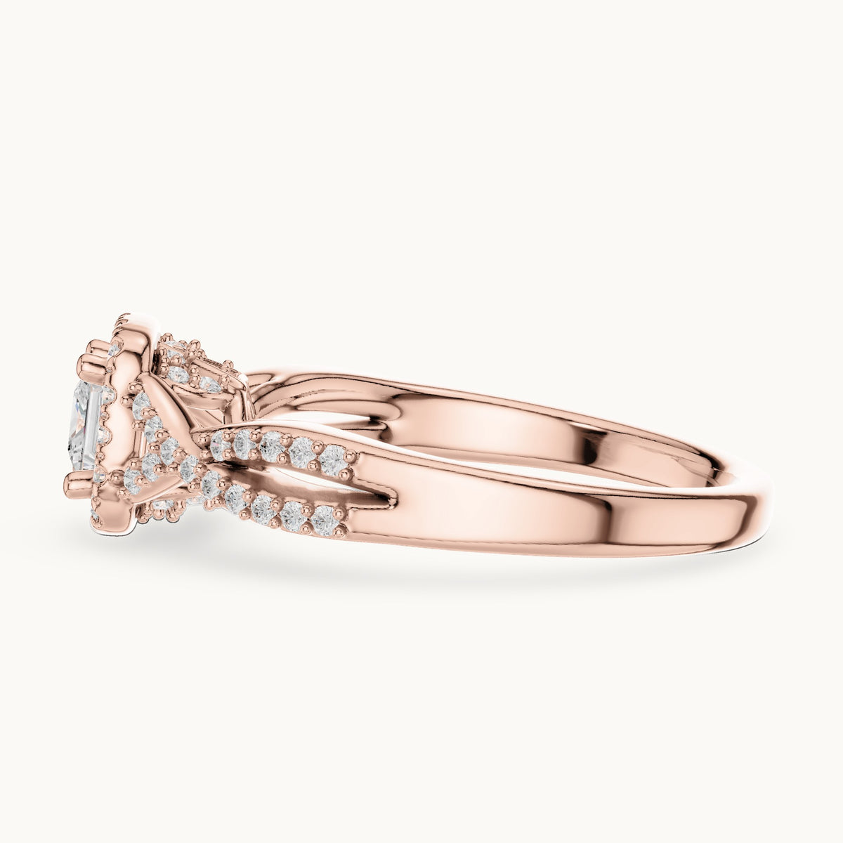 Round and princess-cut lab-grown diamond twisted halo engagement ring in rose gold, 0.688 CT TW, view 3