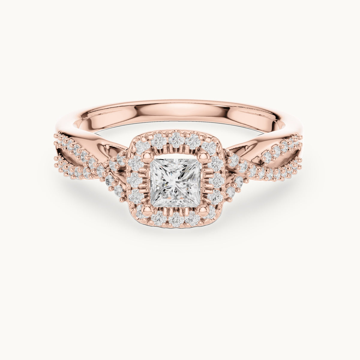 Round and princess-cut lab-grown diamond twisted halo engagement ring in rose gold, 0.688 CT TW, view 4