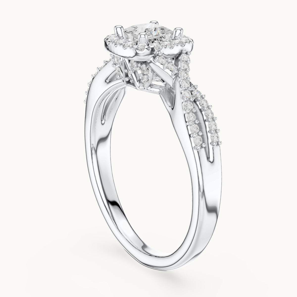Round and princess-cut lab-grown diamond twisted halo engagement ring in white gold, 0.688 CT TW, view 1