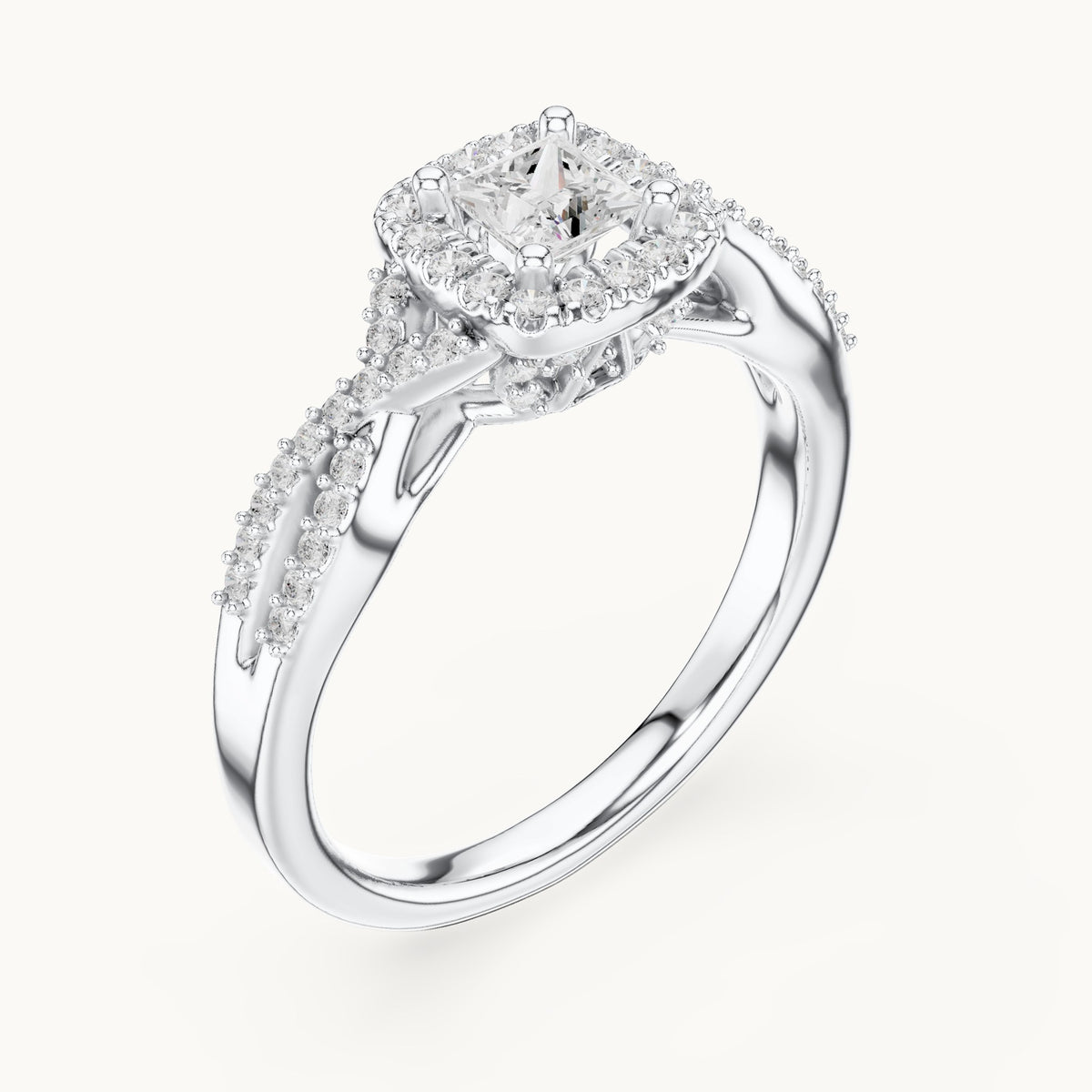 Round and princess-cut lab-grown diamond twisted halo engagement ring in white gold, 0.688 CT TW, view 2