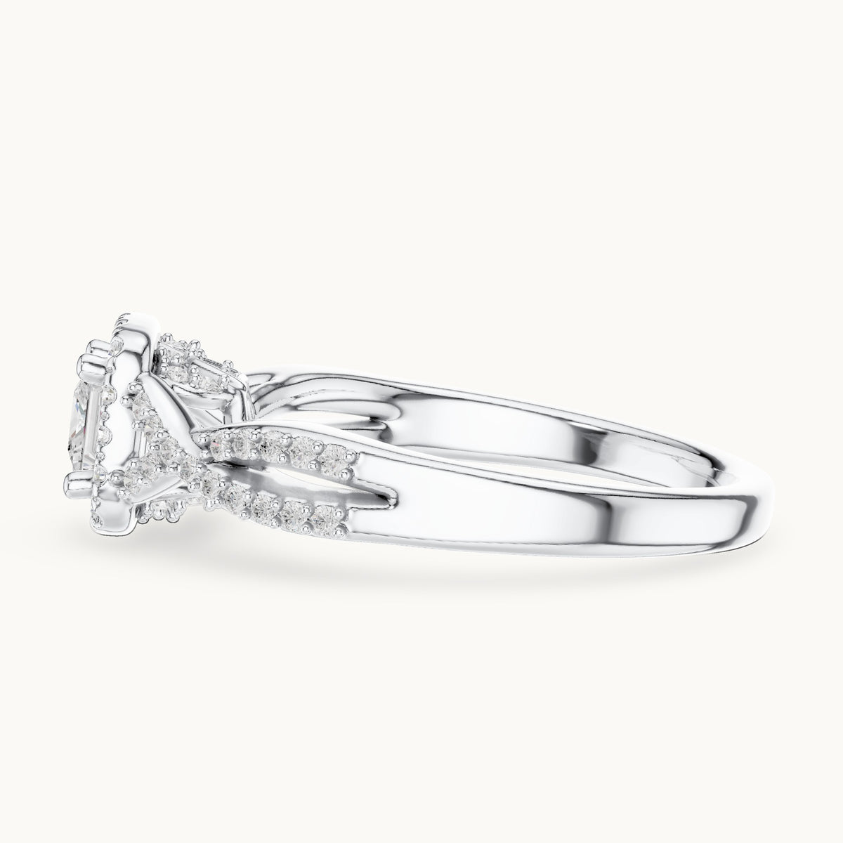 Round and princess-cut lab-grown diamond twisted halo engagement ring in white gold, 0.688 CT TW, view 3