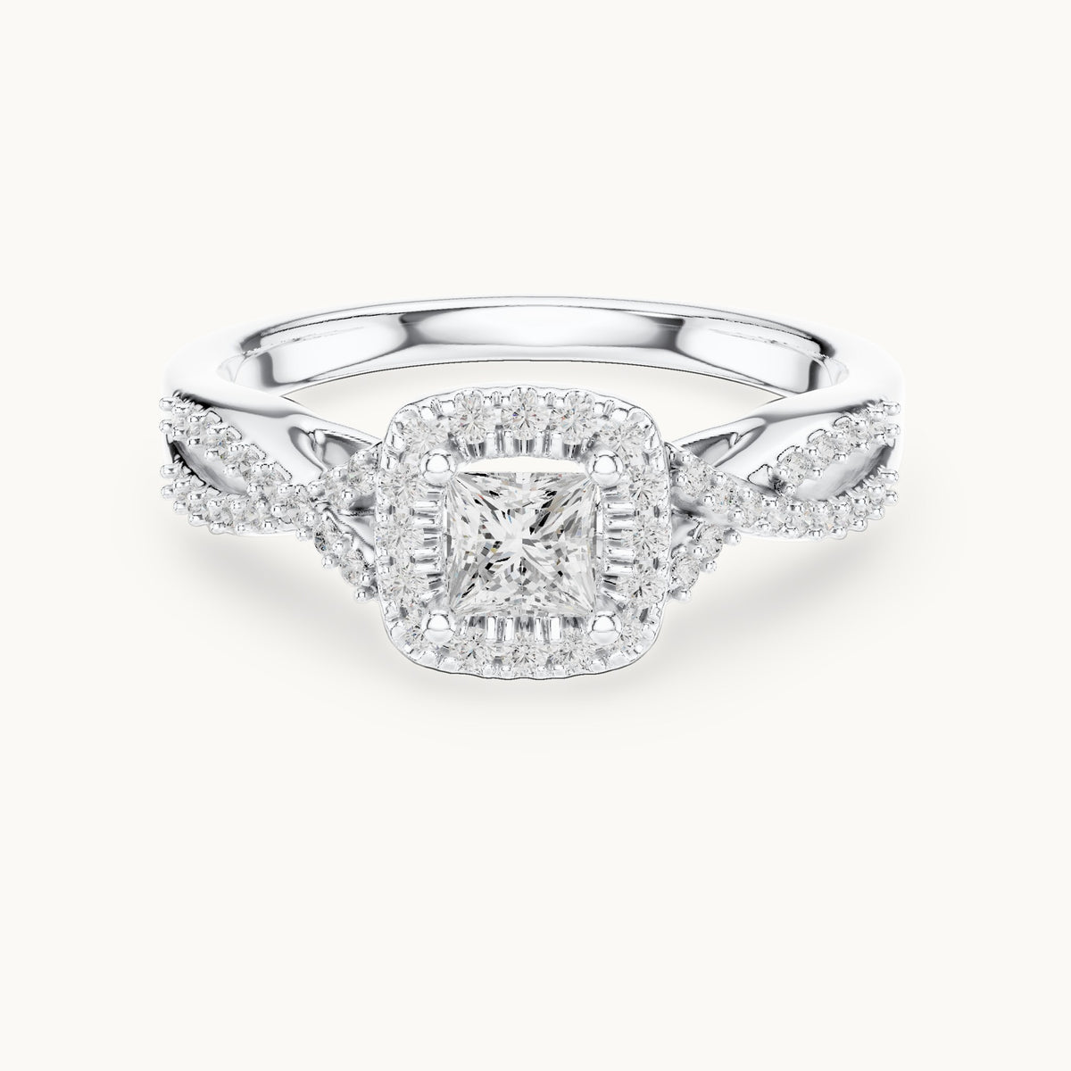 Round and princess-cut lab-grown diamond twisted halo engagement ring in white gold, 0.688 CT TW, view 4