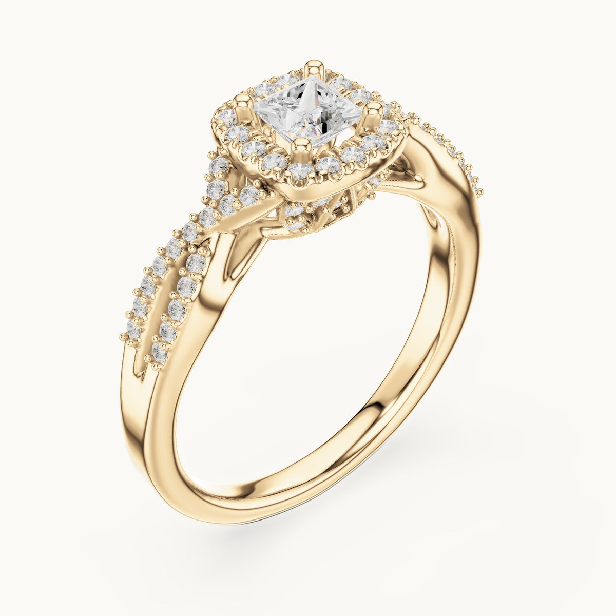 Round and princess-cut lab-grown diamond twisted halo engagement ring in yellow gold, 0.688 CT TW, view 2