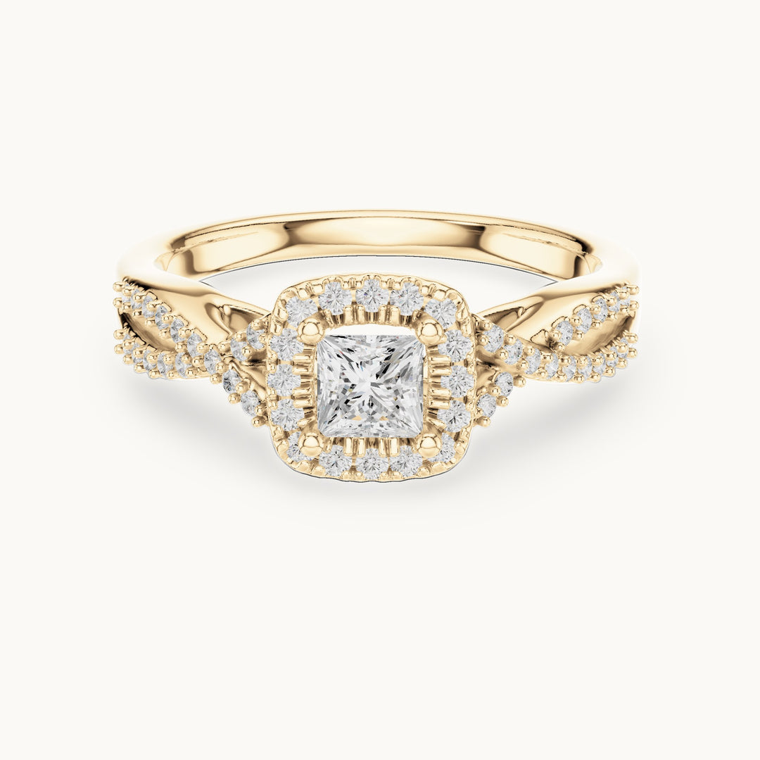 Round and princess-cut lab-grown diamond twisted halo engagement ring in yellow gold, 0.688 CT TW, view 4