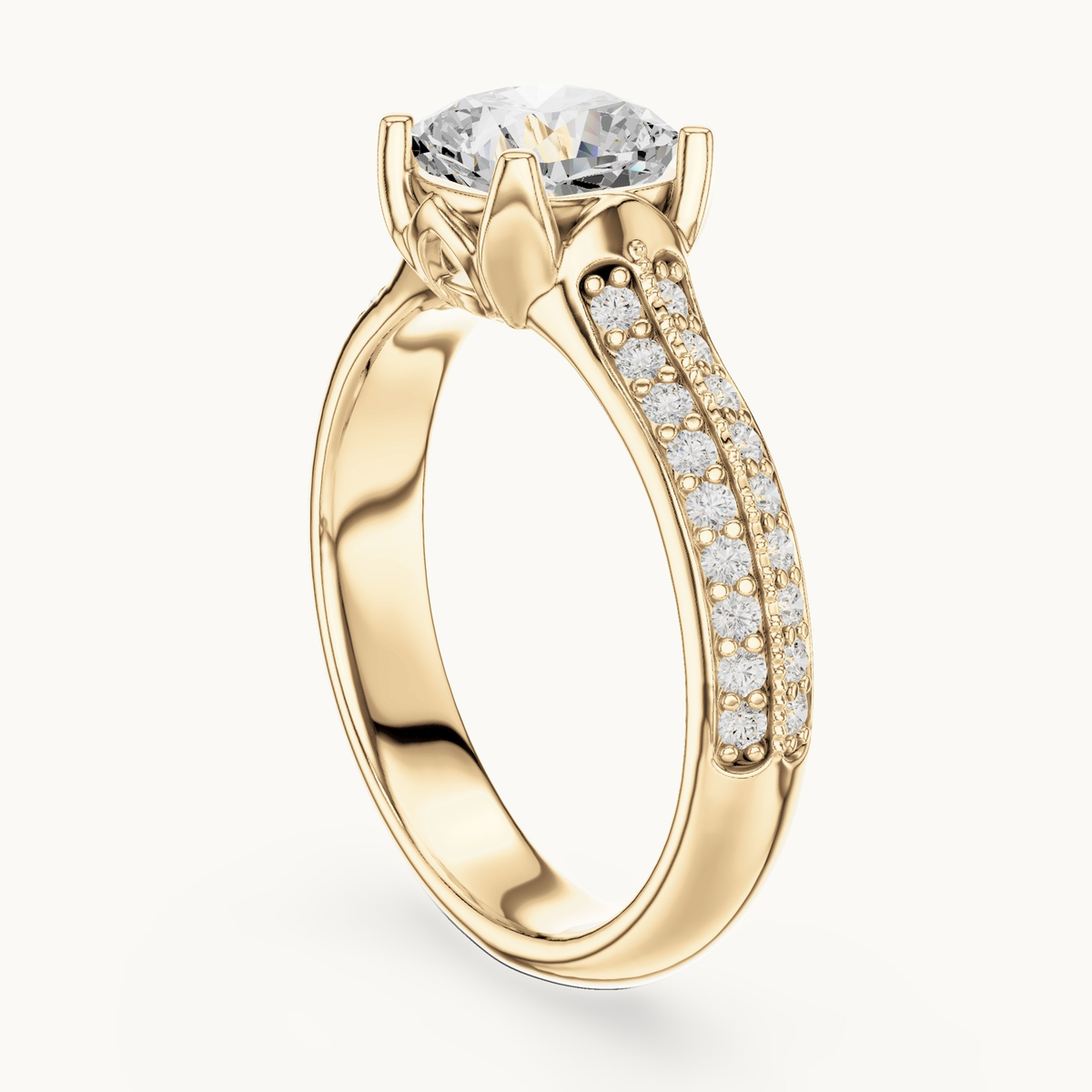 Cushion-cut lab-grown diamond pavé engagement ring in 14K yellow gold, 1.86 CT TW, view 1
