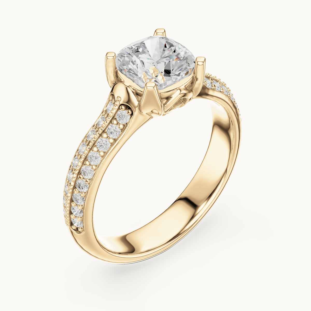 Cushion-cut lab-grown diamond pavé engagement ring in 14K yellow gold, 1.86 CT TW, view 2