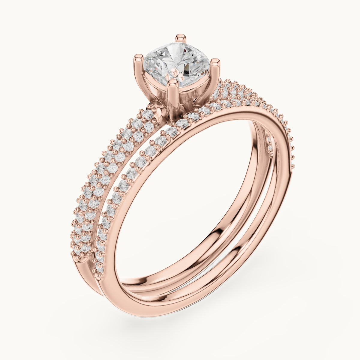 Cushion-cut lab-grown diamond double band engagement ring in rose gold, 1.02 CT TW, view 2