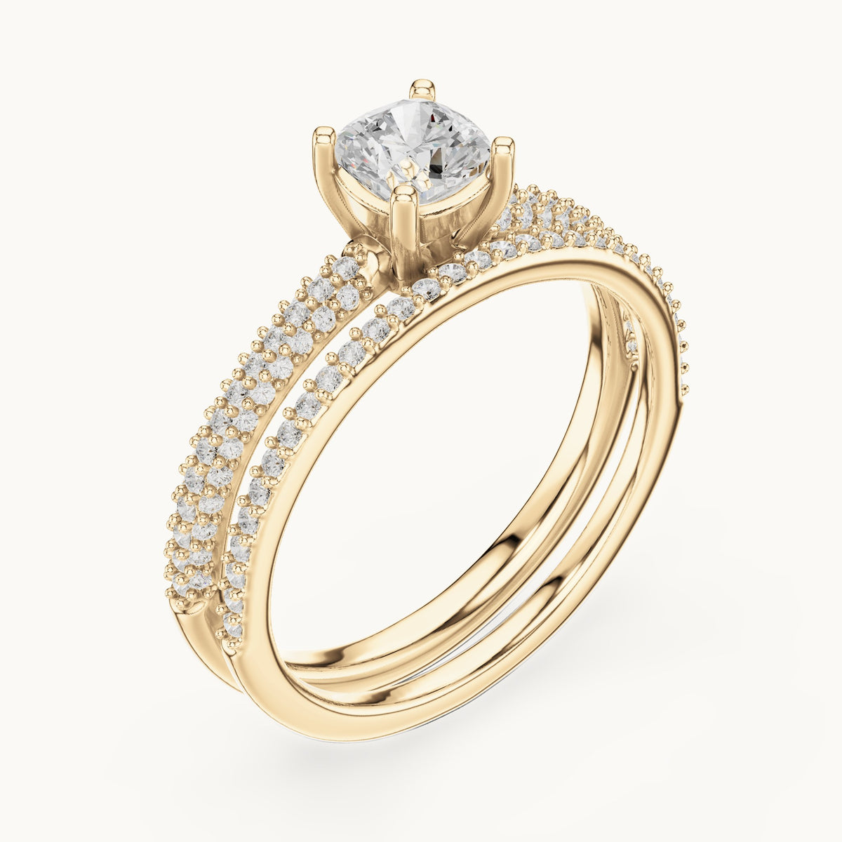 Cushion-cut lab-grown diamond double band engagement ring in yellow gold, 1.02 CT TW, view 2