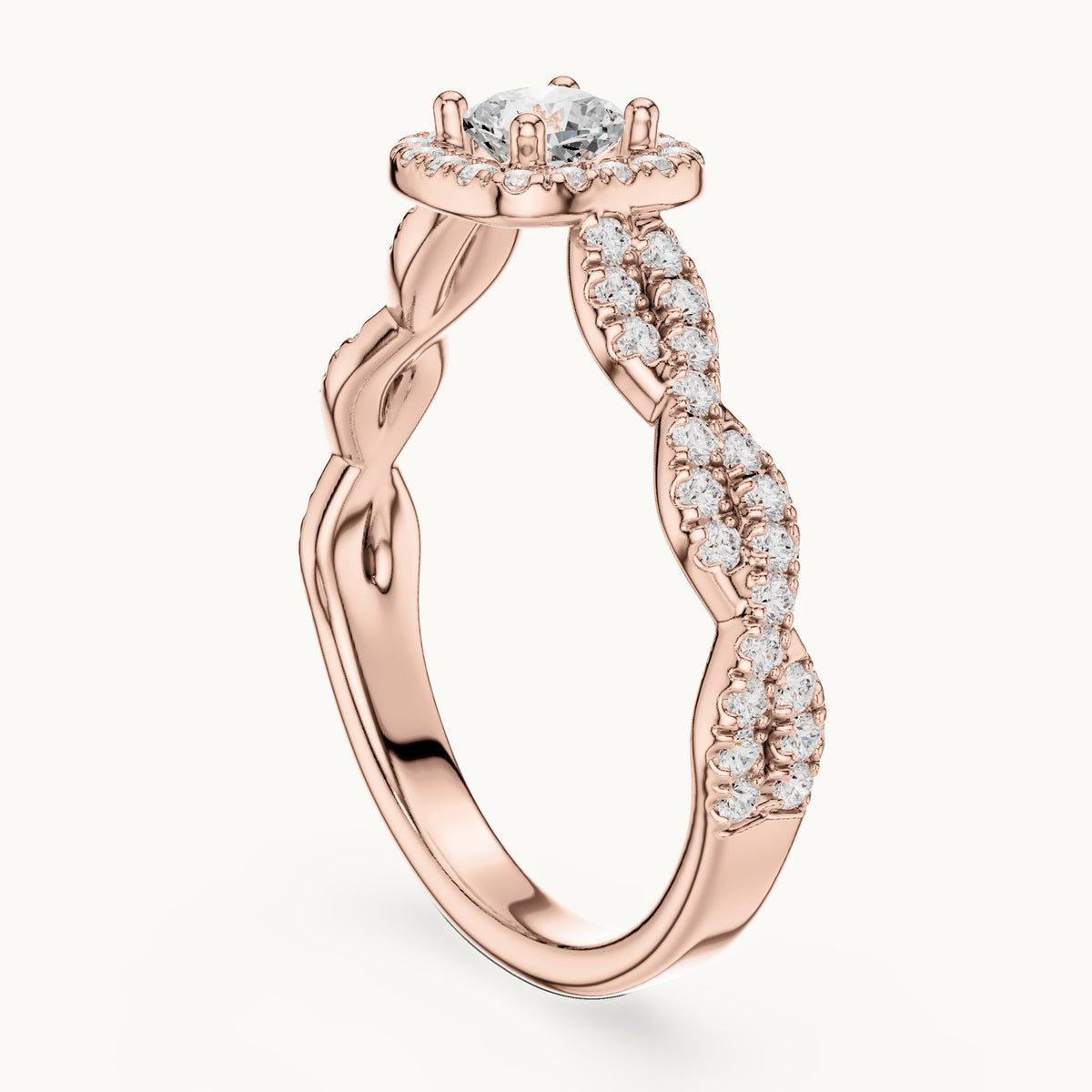 Cushion-cut lab-grown diamond twisted halo engagement ring in rose gold, 0.85 CT TW, view 1