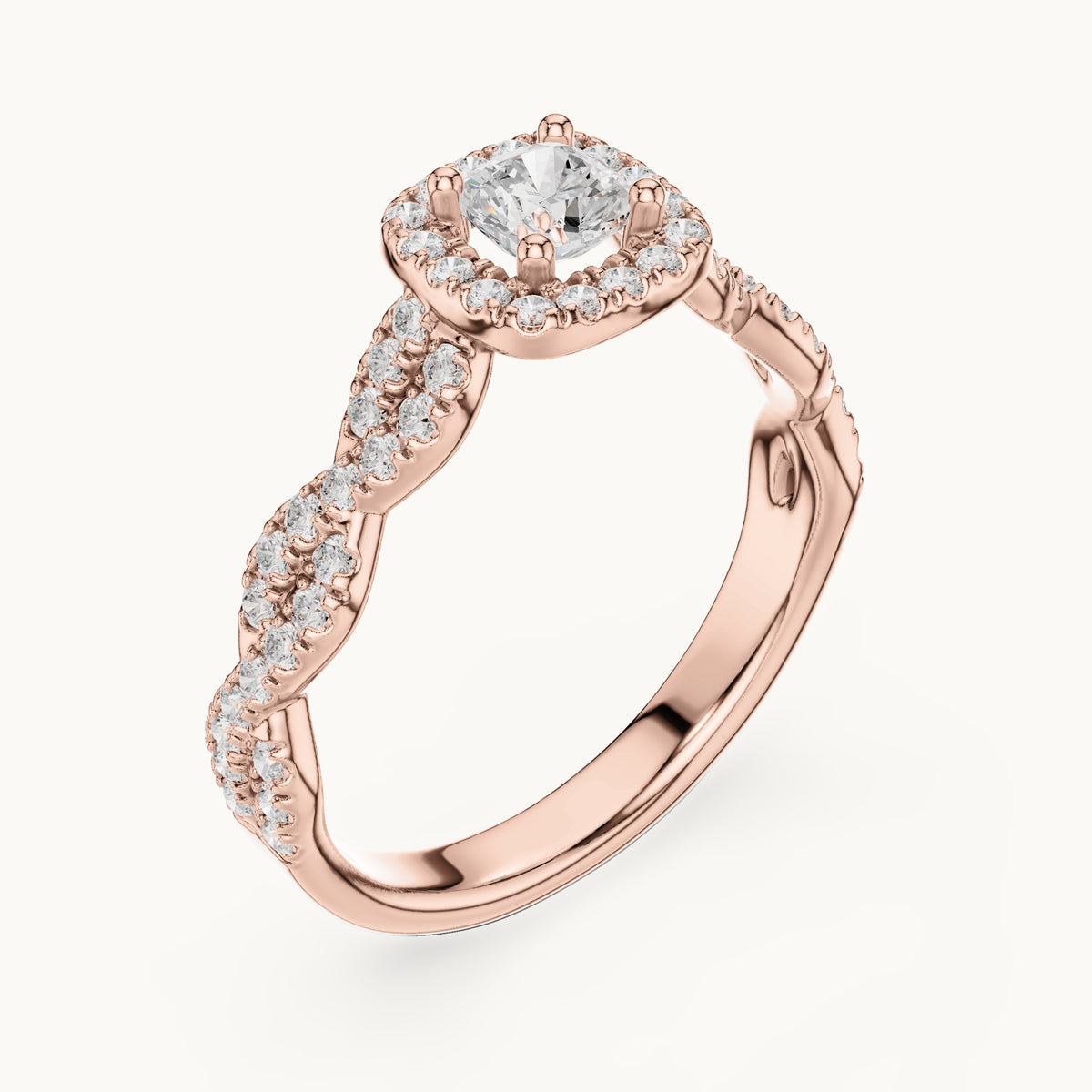 Cushion-cut lab-grown diamond twisted halo engagement ring in rose gold, 0.85 CT TW, view 2