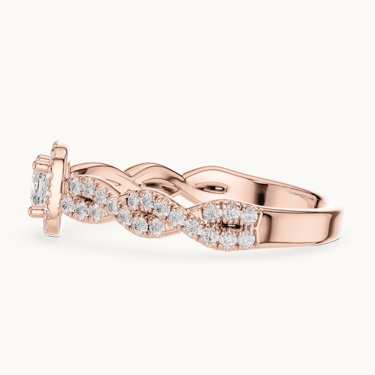 Cushion-cut lab-grown diamond twisted halo engagement ring in rose gold, 0.85 CT TW, view 3