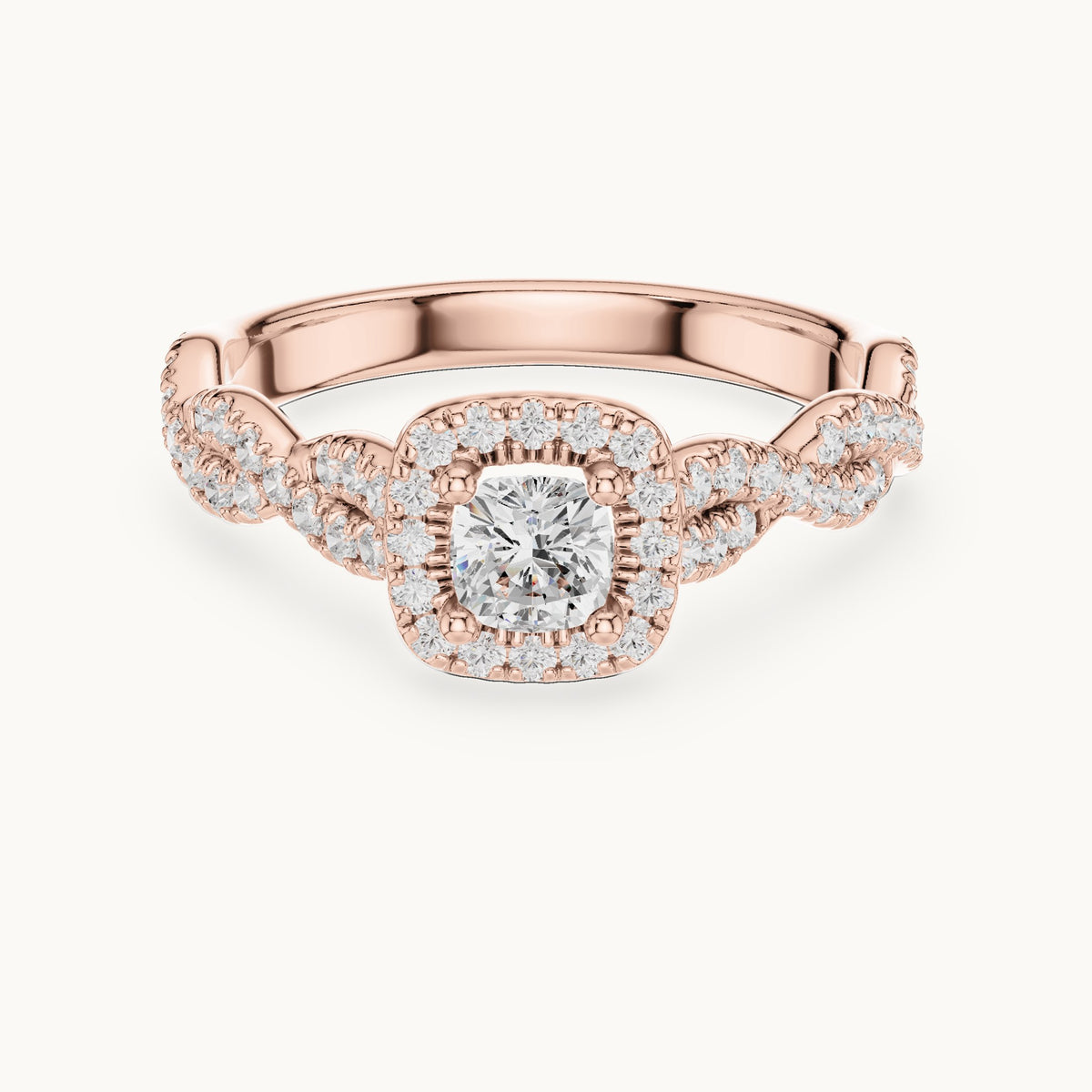 Cushion-cut lab-grown diamond twisted halo engagement ring in rose gold, 0.85 CT TW, view 4