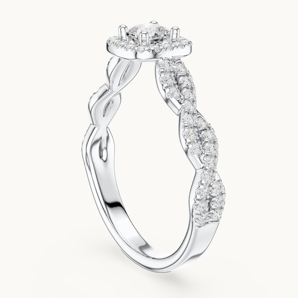 Cushion-cut lab-grown diamond twisted halo engagement ring in white gold, 0.85 CT TW, view 1
