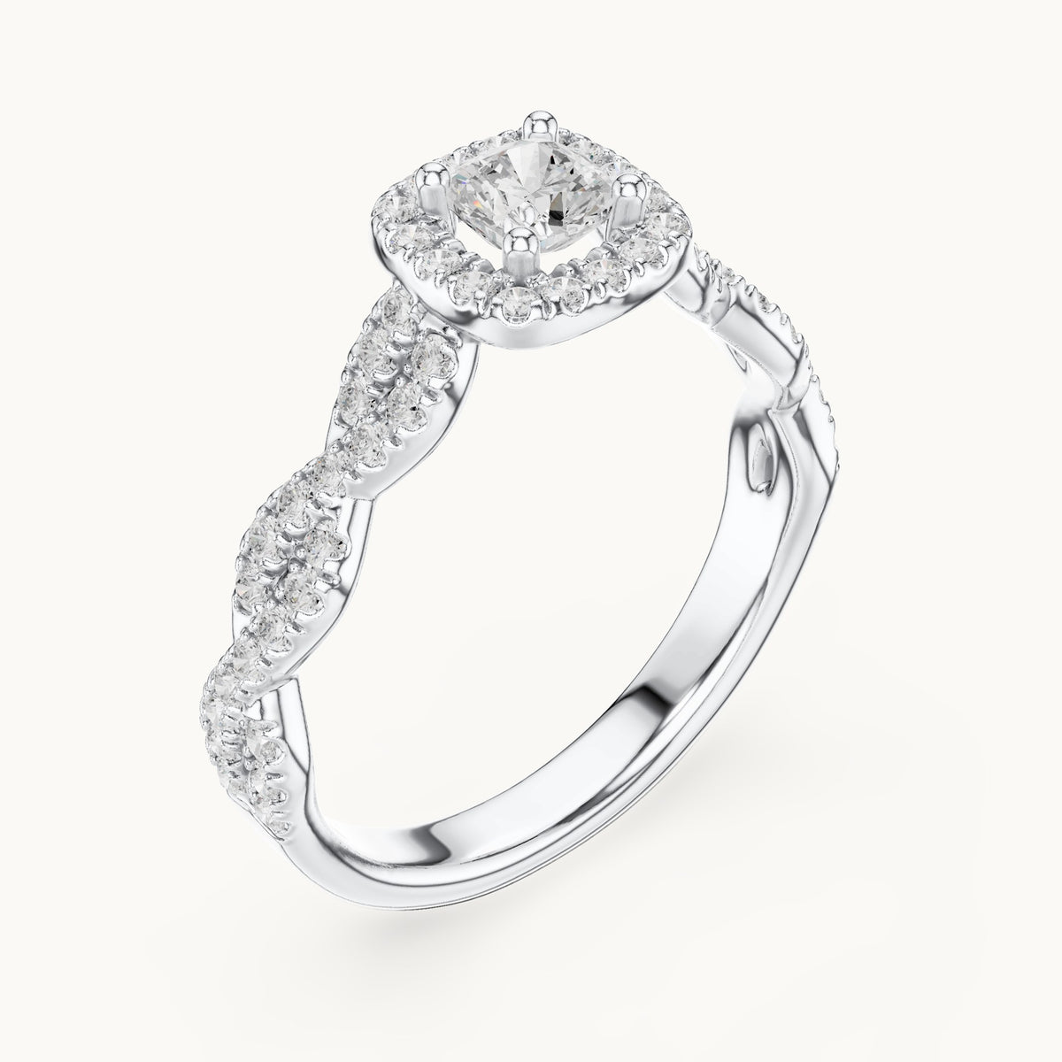 Cushion-cut lab-grown diamond twisted halo engagement ring in white gold, 0.85 CT TW, view 2