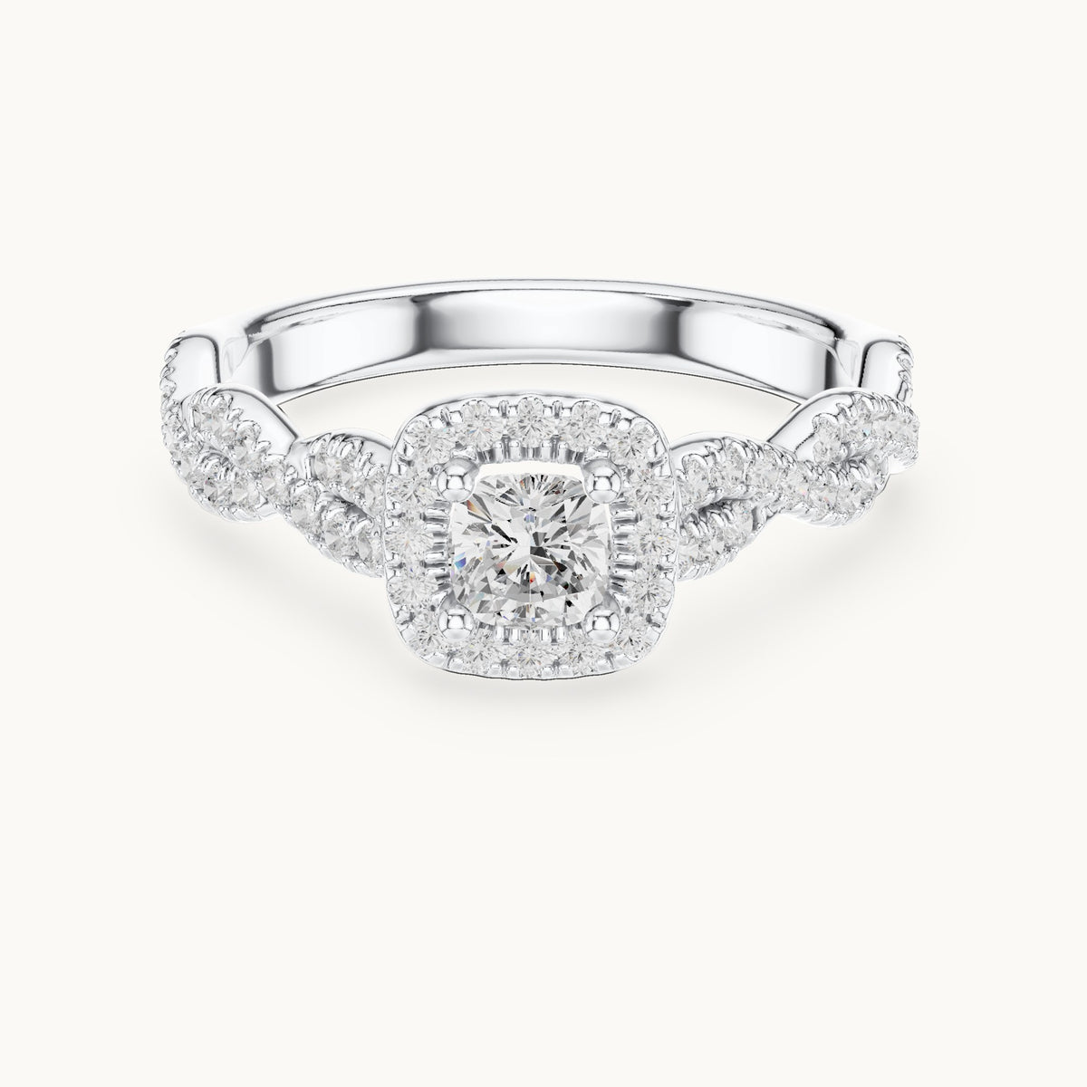 Cushion-cut lab-grown diamond twisted halo engagement ring in white gold, 0.85 CT TW, view 4