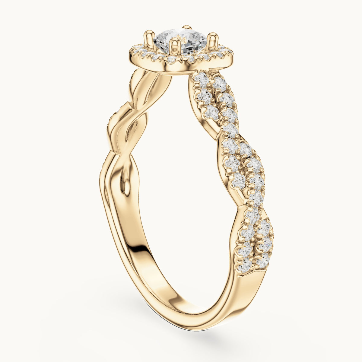 Cushion-cut lab-grown diamond twisted halo engagement ring in yellow gold, 0.85 CT TW, view 1