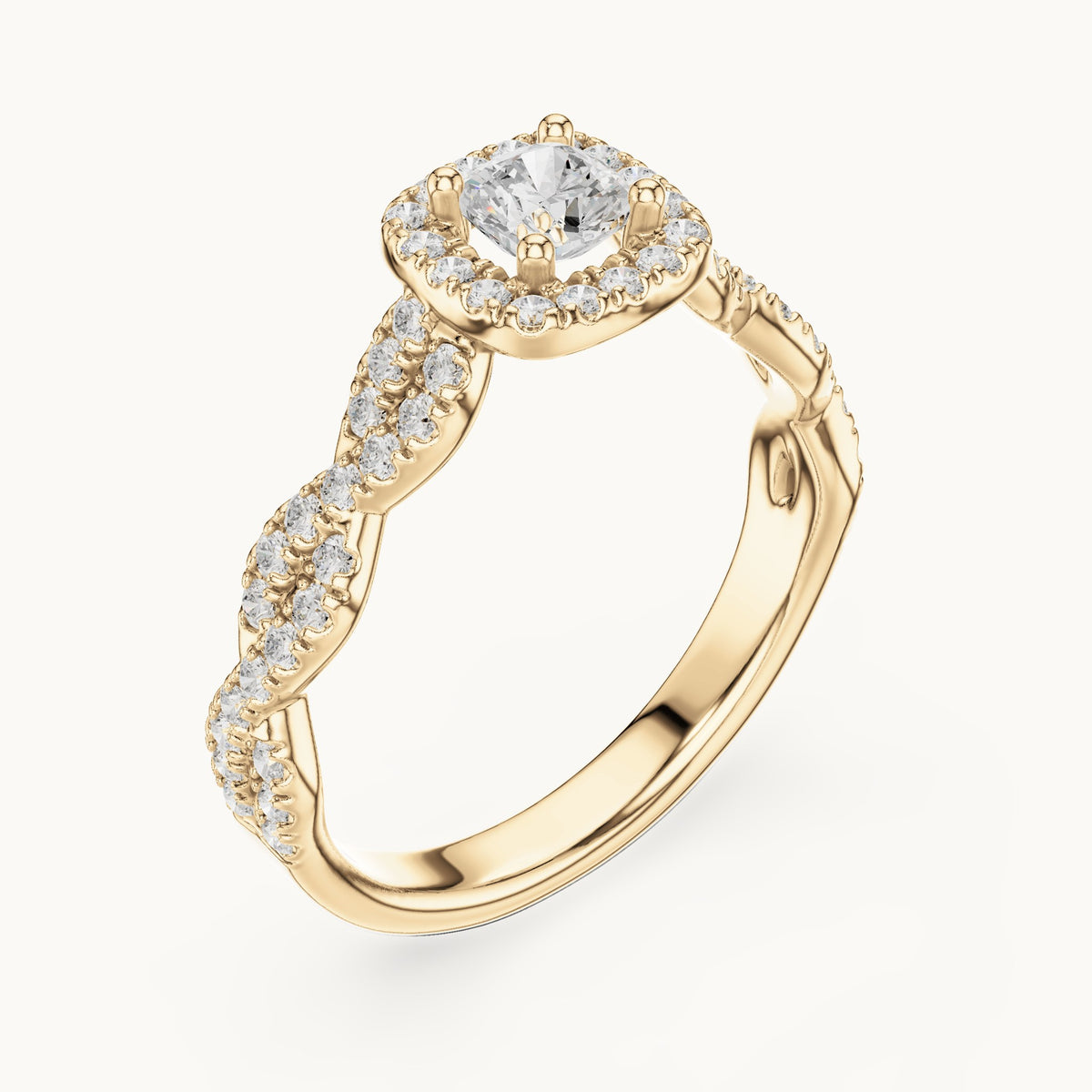 Cushion-cut lab-grown diamond twisted halo engagement ring in yellow gold, 0.85 CT TW, view 2