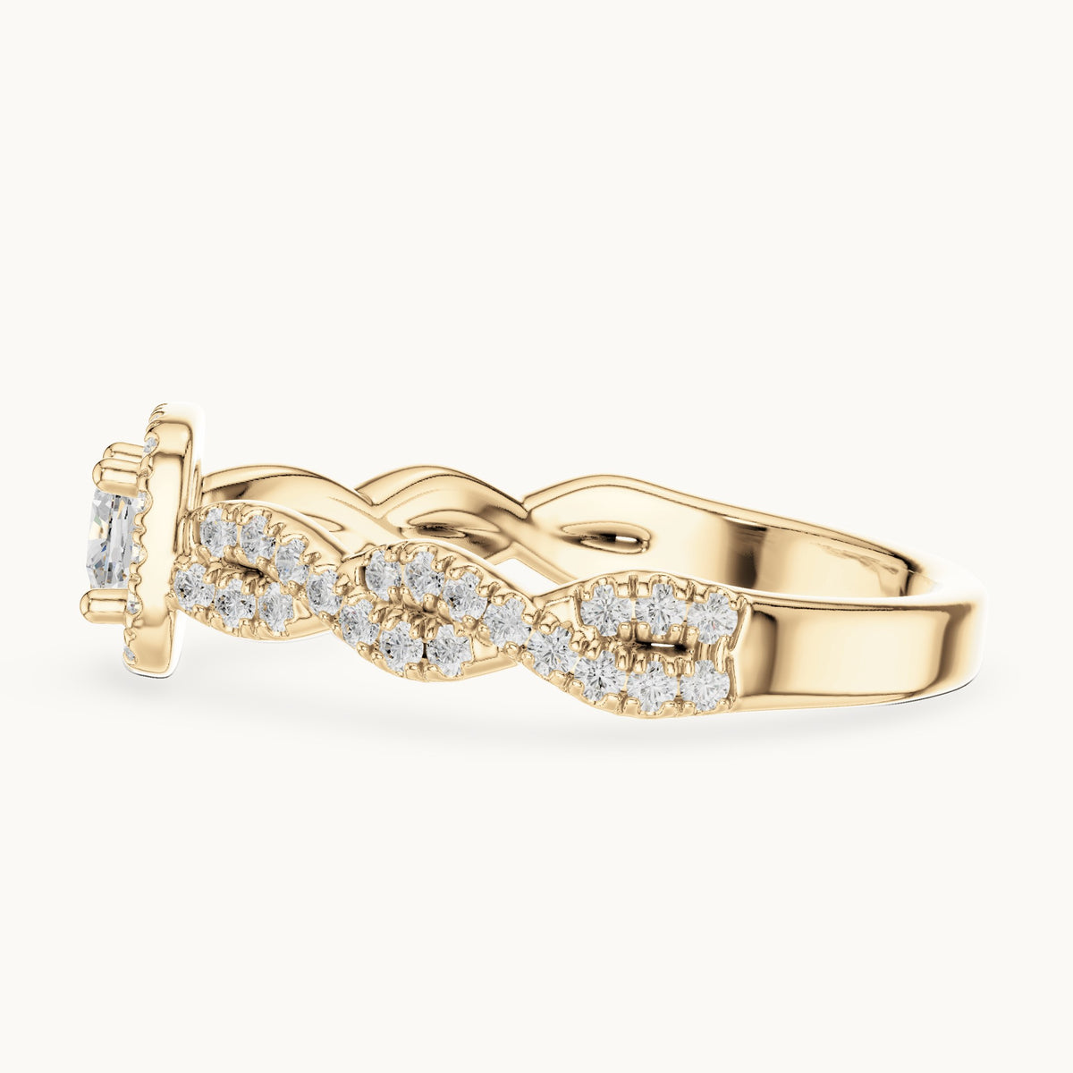 Cushion-cut lab-grown diamond twisted halo engagement ring in yellow gold, 0.85 CT TW, view 3