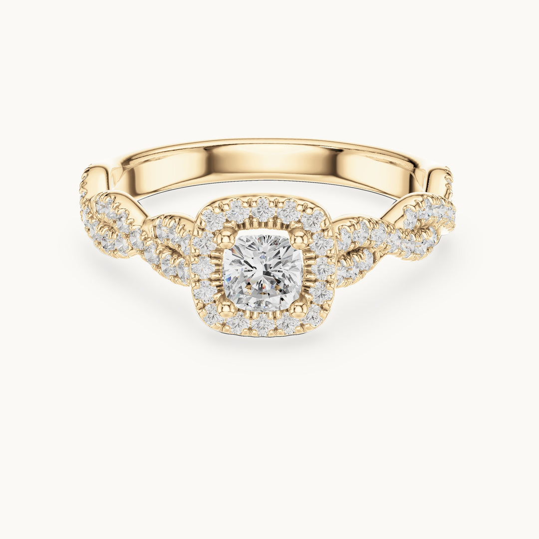 Cushion-cut lab-grown diamond twisted halo engagement ring in yellow gold, 0.85 CT TW, view 4