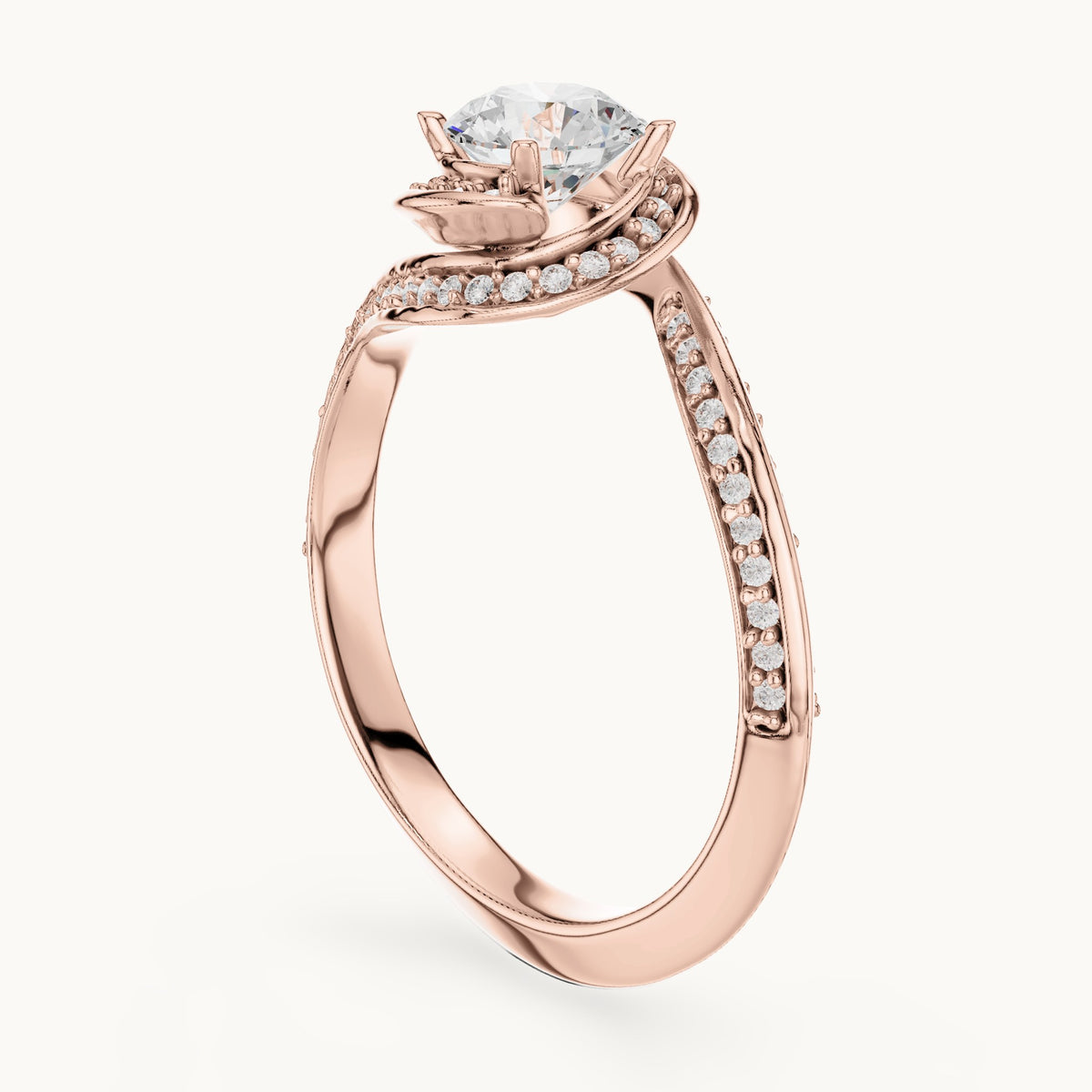 Round lab-grown diamond bezel halo swirl bypass engagement ring in rose gold, 0.99 CT TW, view 1