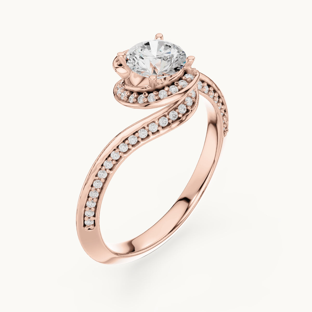 Round lab-grown diamond bezel halo swirl bypass engagement ring in rose gold, 0.99 CT TW, view 2