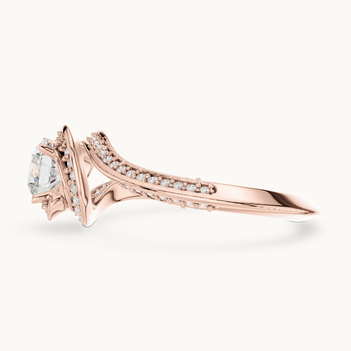 Round lab-grown diamond bezel halo swirl bypass engagement ring in rose gold, 0.99 CT TW, view 3