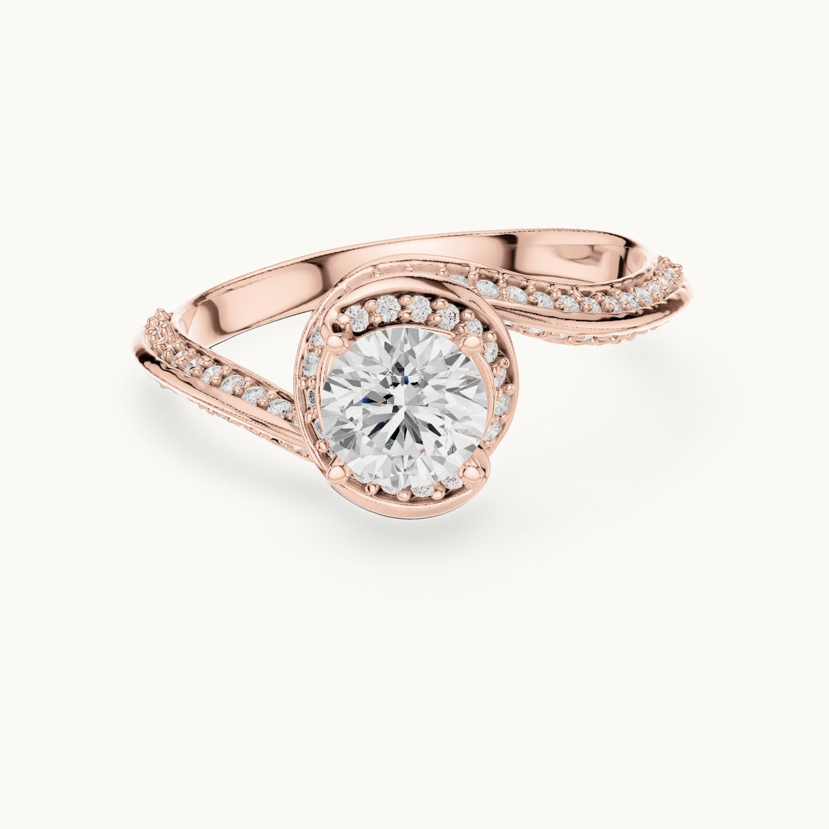 Round lab-grown diamond bezel halo swirl bypass engagement ring in rose gold, 0.99 CT TW, view 4