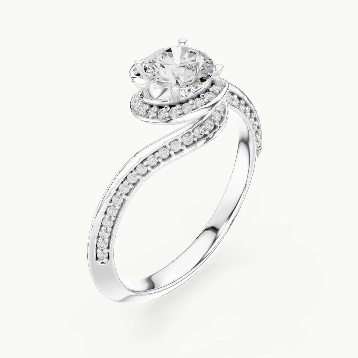 Round lab-grown diamond bezel halo swirl bypass engagement ring in white gold, 0.99 CT TW, view 2