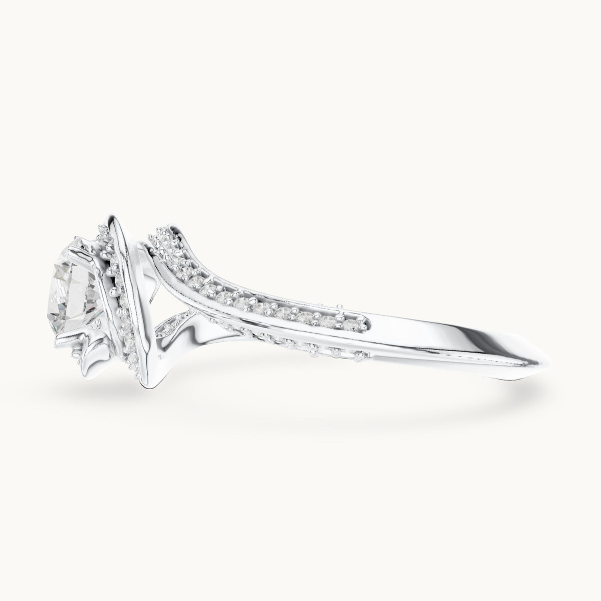 Round lab-grown diamond bezel halo swirl bypass engagement ring in white gold, 0.99 CT TW, view 3