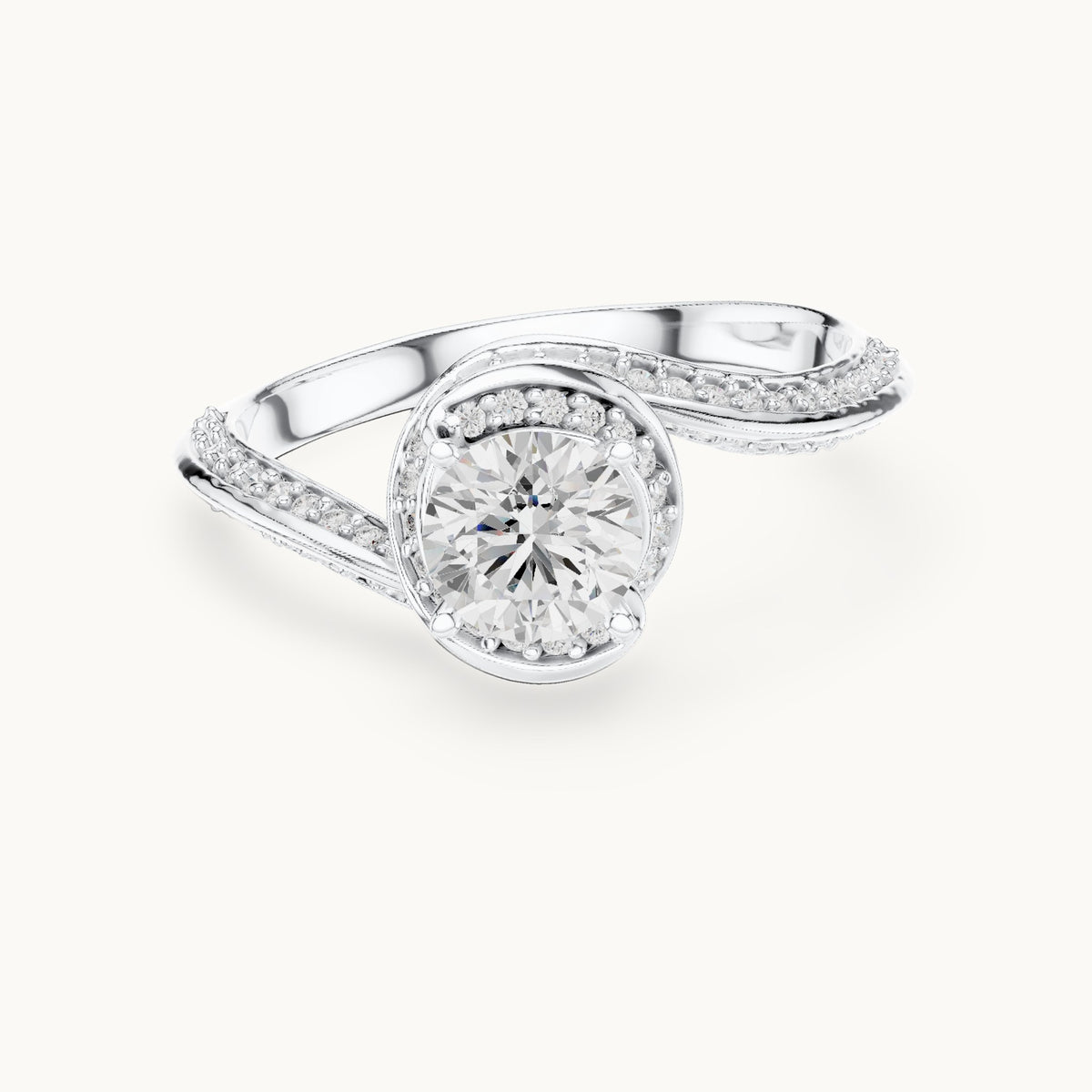 Round lab-grown diamond bezel halo swirl bypass engagement ring in white gold, 0.99 CT TW, view 4