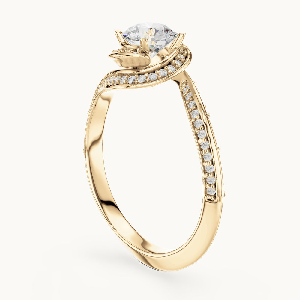 Round lab-grown diamond bezel halo swirl bypass engagement ring in yellow gold, 0.99 CT TW, view 1