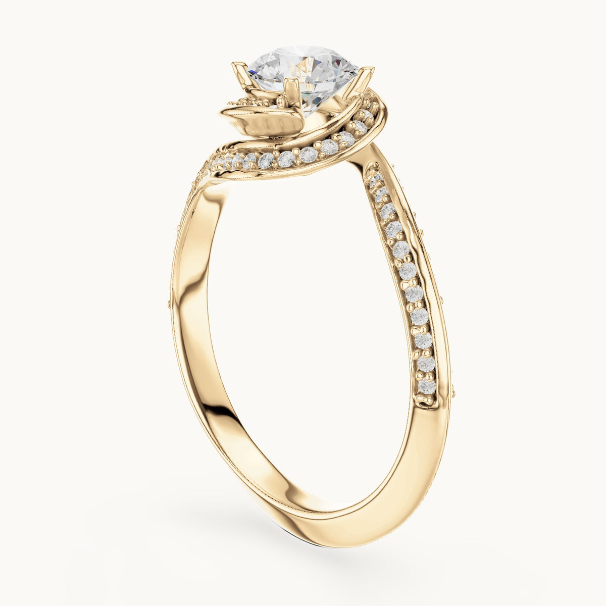 Round lab-grown diamond bezel halo swirl bypass engagement ring in yellow gold, 0.99 CT TW, view 1