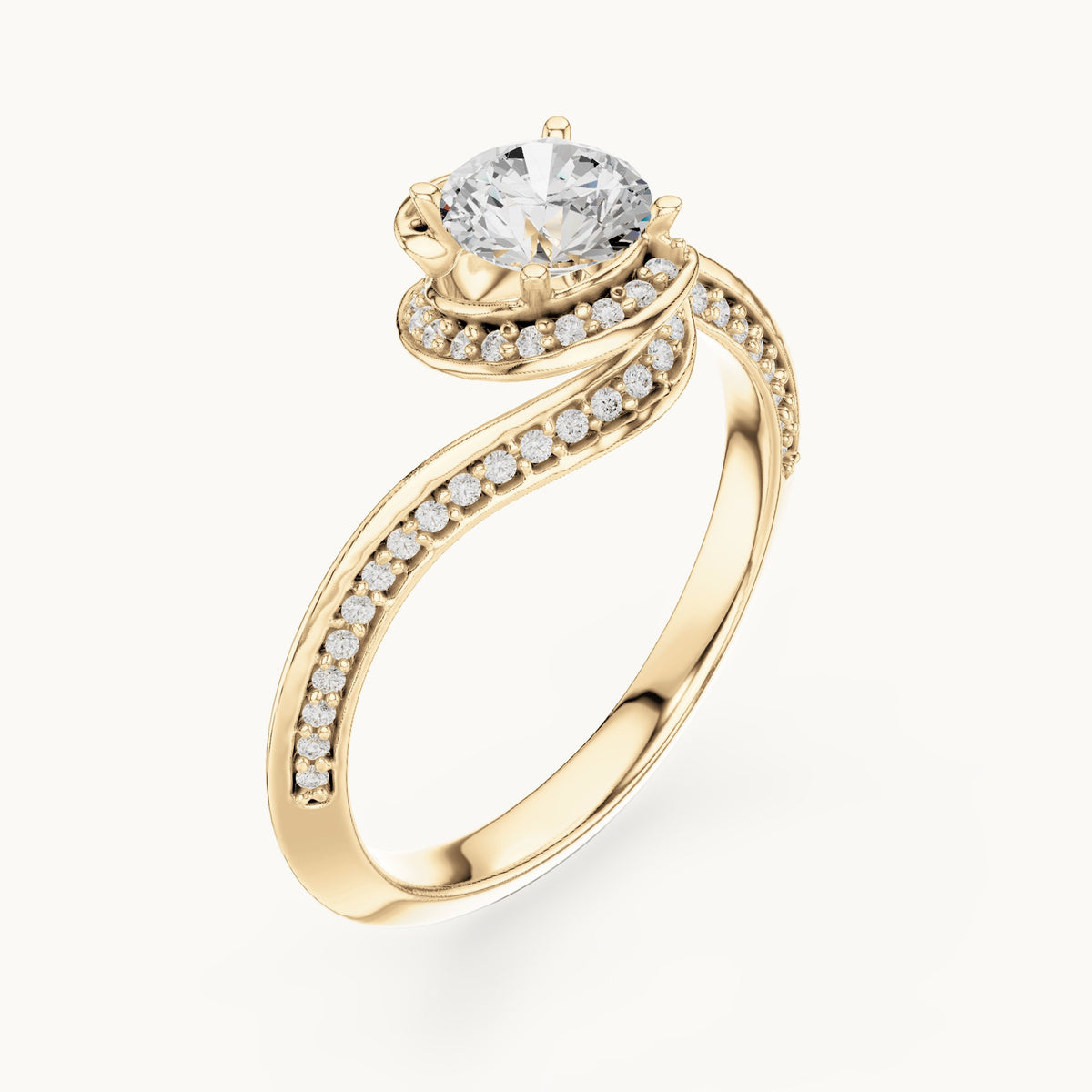 Round lab-grown diamond bezel halo swirl bypass engagement ring in yellow gold, 0.99 CT TW, view 2