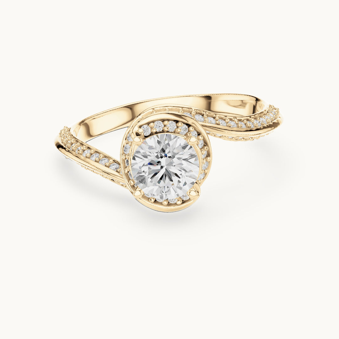 Round lab-grown diamond bezel halo swirl bypass engagement ring in yellow gold, 0.99 CT TW, view 4