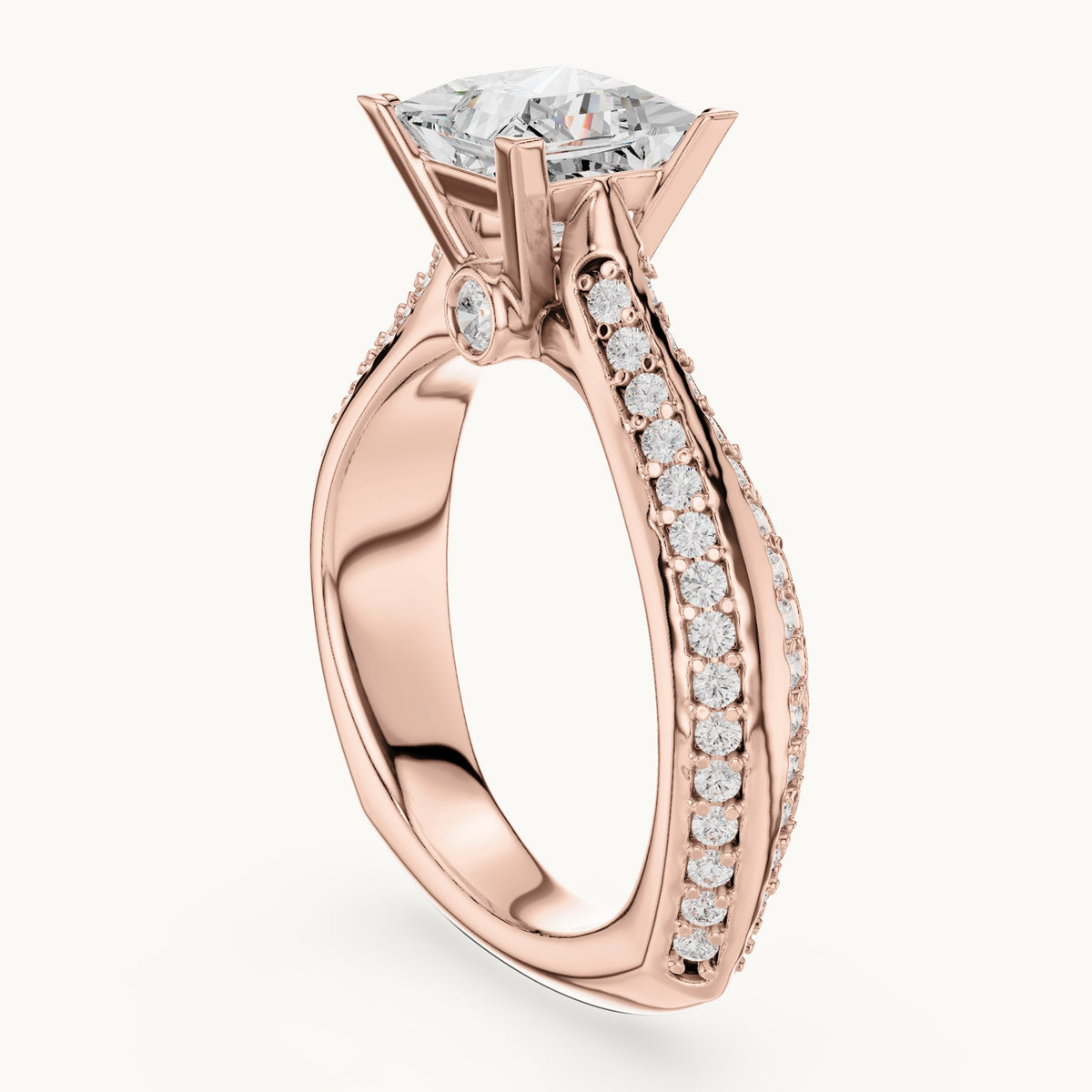 Princess-cut lab-grown diamond cathedral engagement ring with side stones in rose gold, 2.59 CT TW, view 1