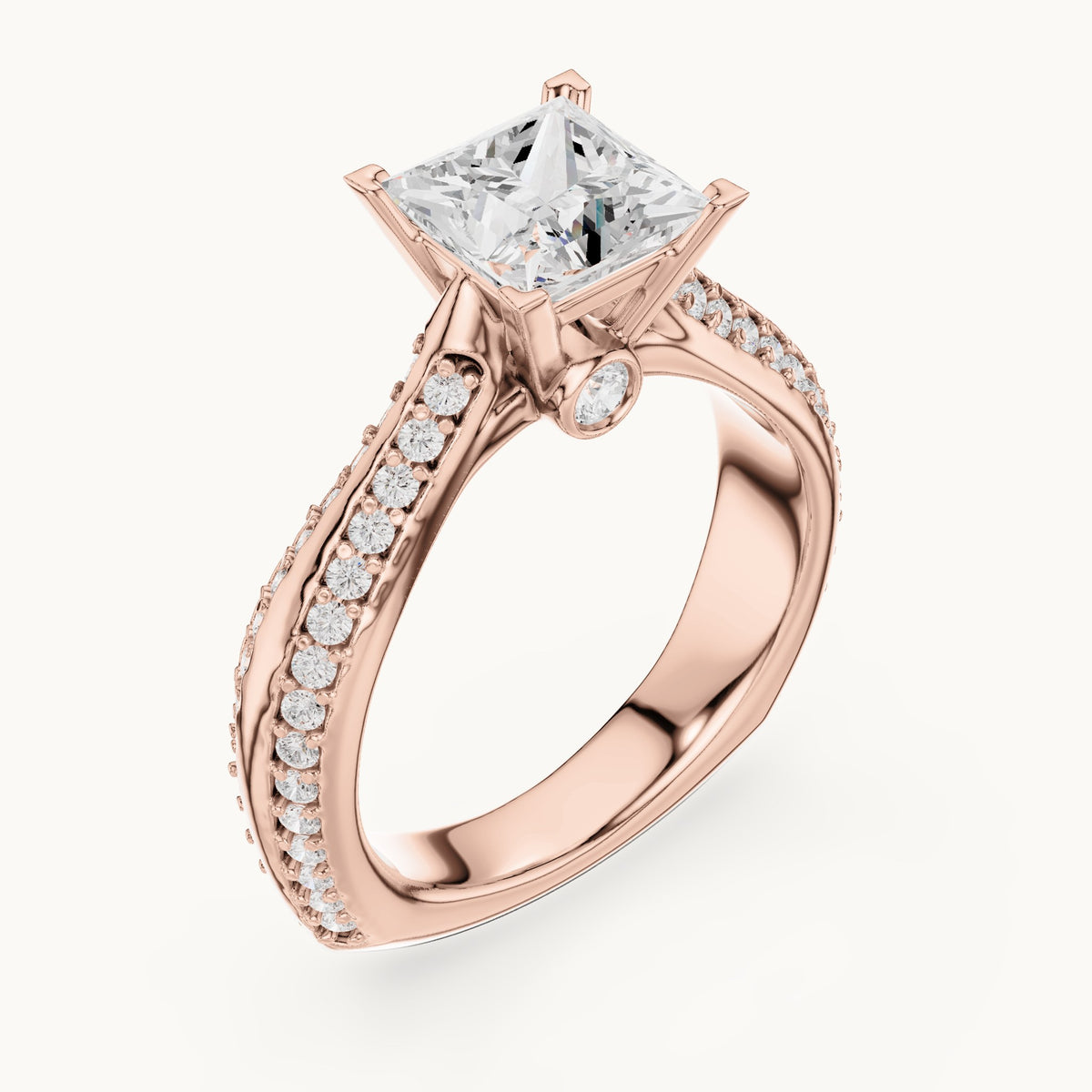 Princess-cut lab-grown diamond cathedral engagement ring with side stones in rose gold, 2.59 CT TW, view 2