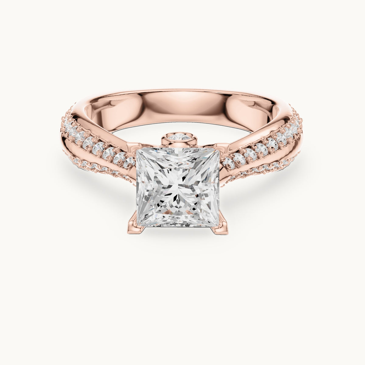 Princess-cut lab-grown diamond cathedral engagement ring with side stones in rose gold, 2.59 CT TW, view 4