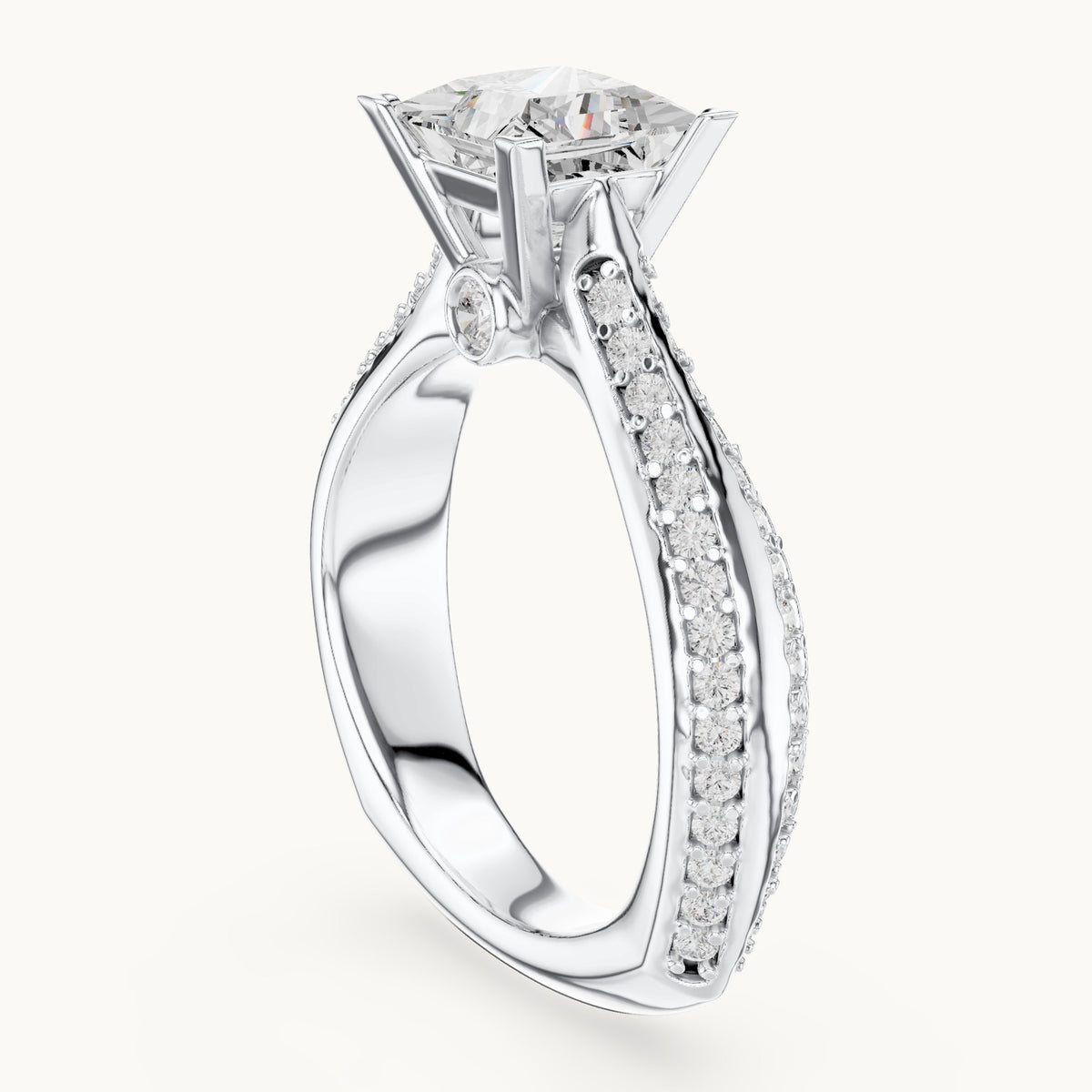 Princess-cut lab-grown diamond cathedral engagement ring with side stones in white gold, 2.59 CT TW, view 1