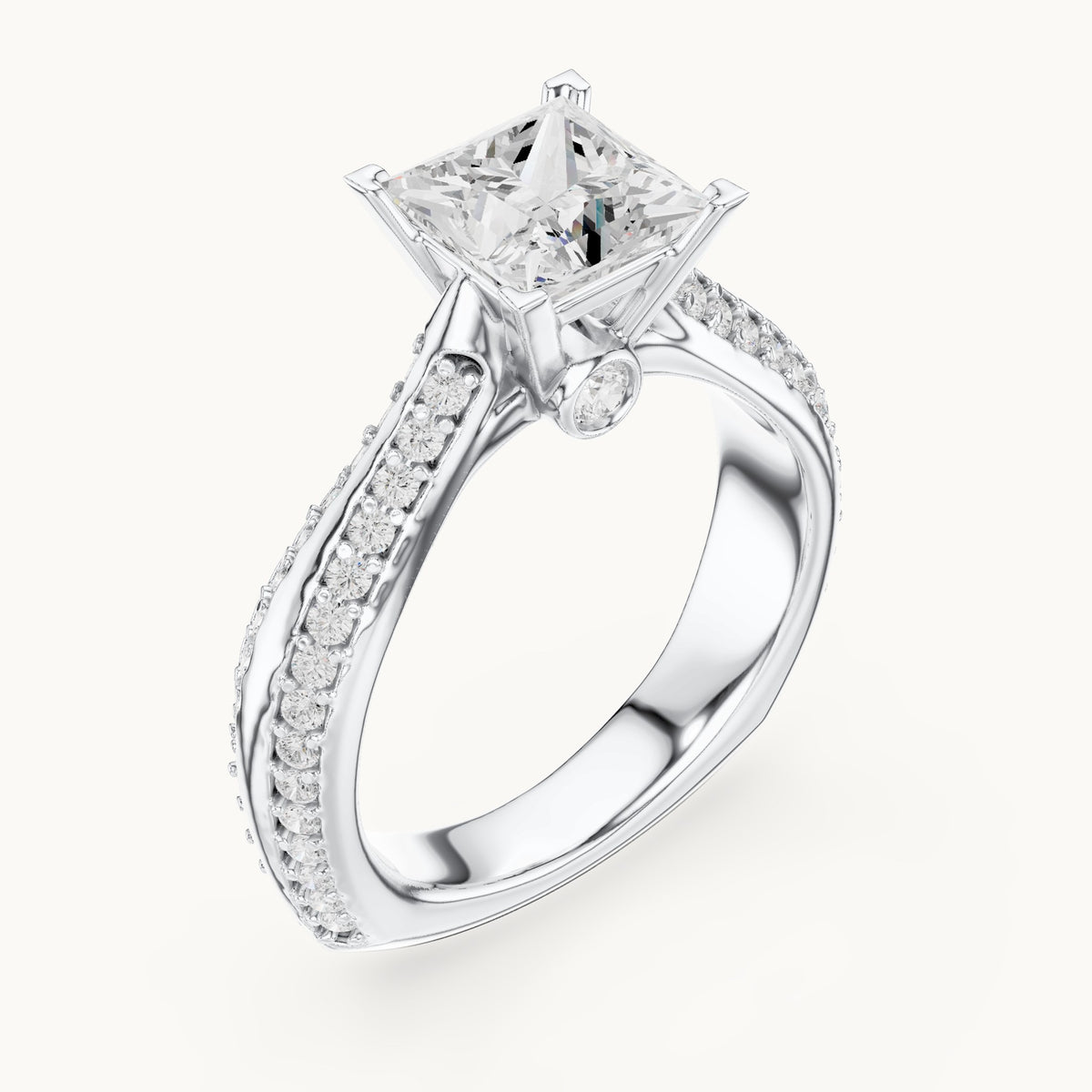 Princess-cut lab-grown diamond cathedral engagement ring with side stones in white gold, 2.59 CT TW, view 2