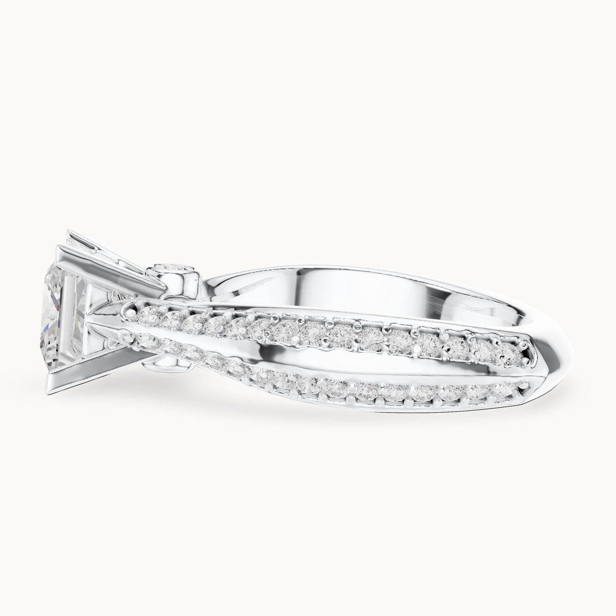Princess-cut lab-grown diamond cathedral engagement ring with side stones in white gold, 2.59 CT TW, view 3