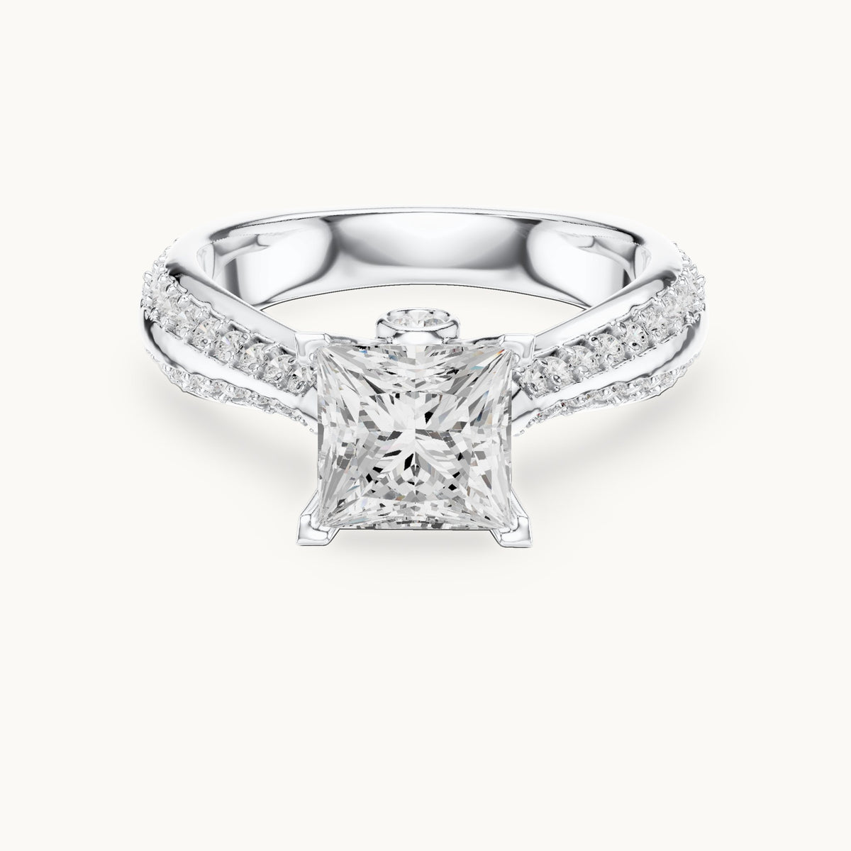 Princess-cut lab-grown diamond cathedral engagement ring with side stones in white gold, 2.59 CT TW, view 4