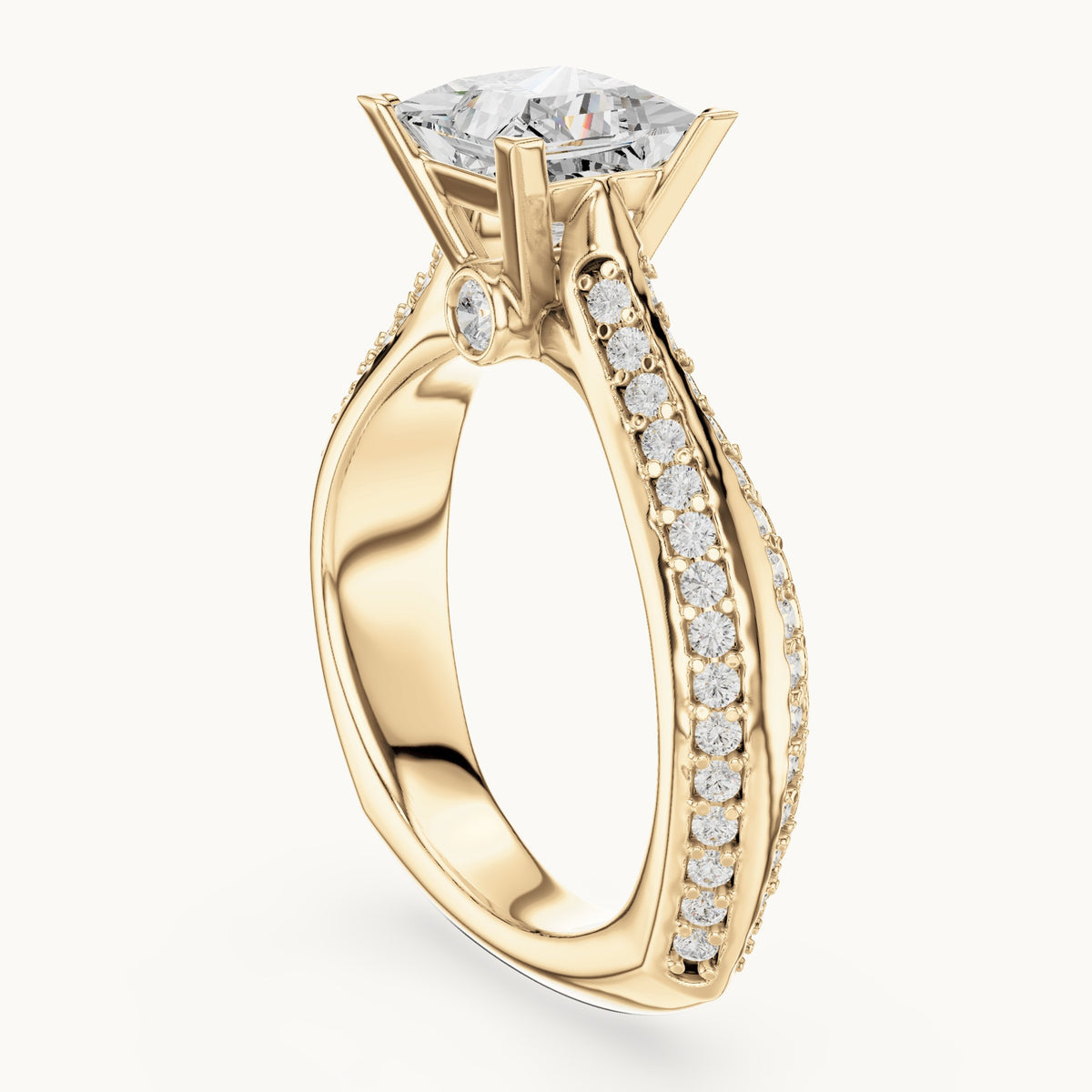Princess-cut lab-grown diamond cathedral engagement ring with side stones in yellow gold, 2.59 CT TW, view 1