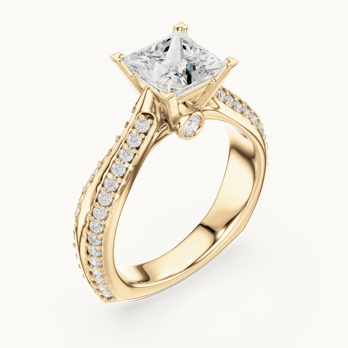 Princess-cut lab-grown diamond cathedral engagement ring with side stones in yellow gold, 2.59 CT TW, view 2