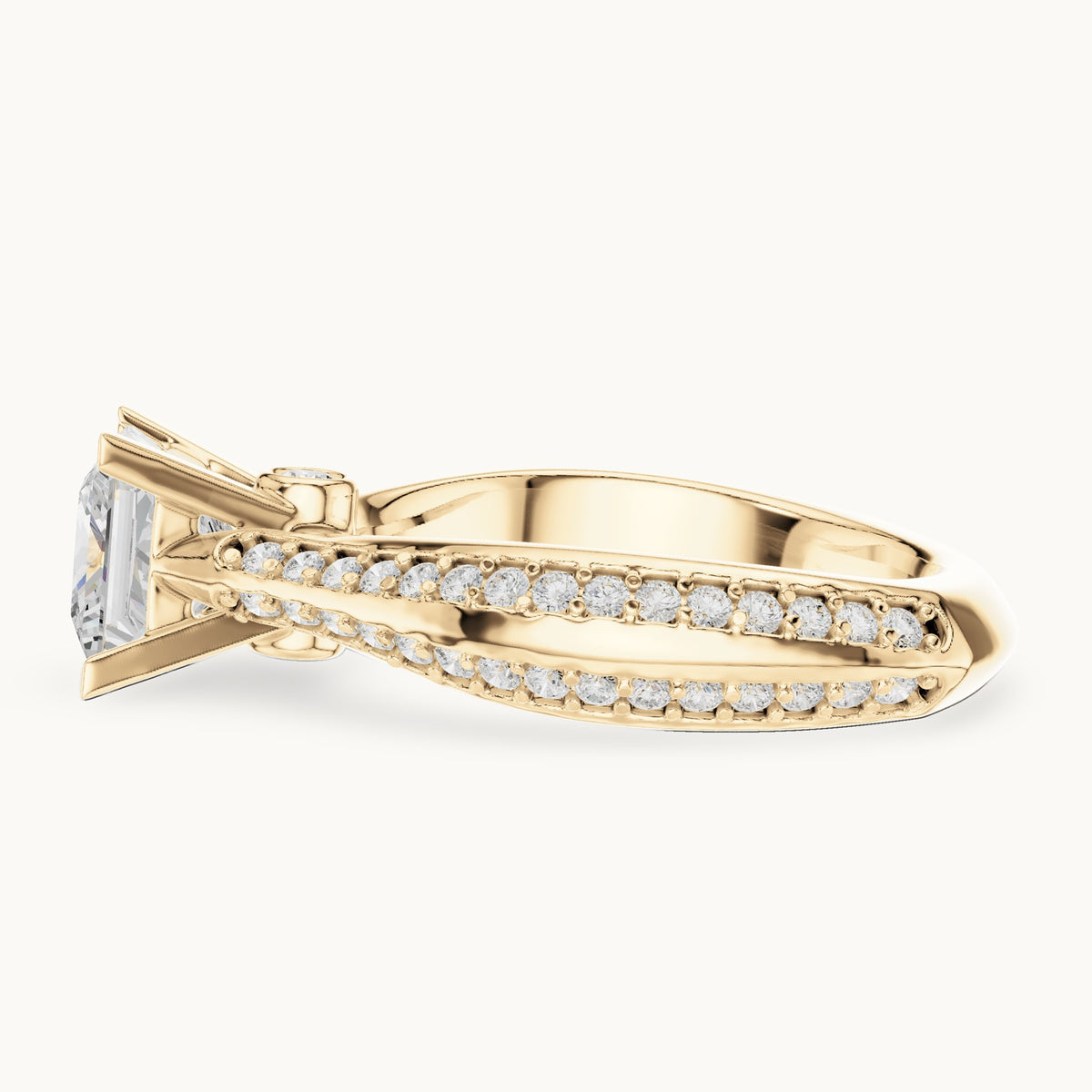Princess-cut lab-grown diamond cathedral engagement ring with side stones in yellow gold, 2.59 CT TW, view 3