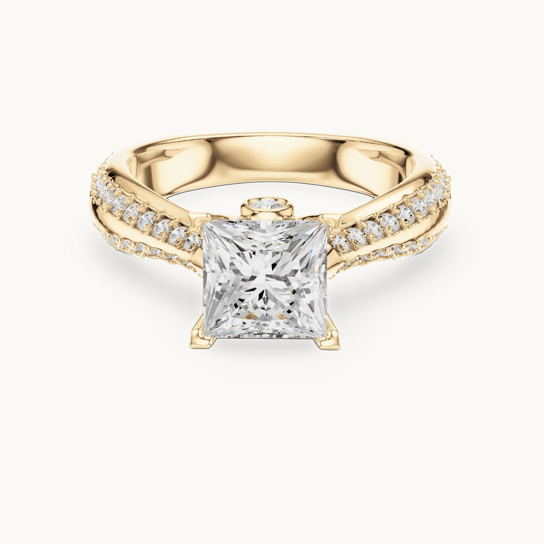 Princess-cut lab-grown diamond cathedral engagement ring with side stones in yellow gold, 2.59 CT TW, view 4