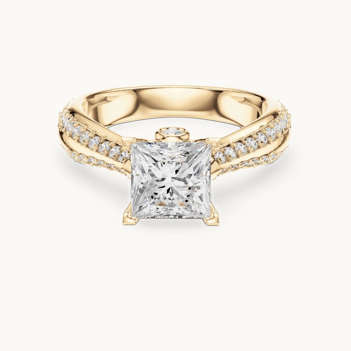Princess-cut lab-grown diamond cathedral engagement ring with side stones in yellow gold, 2.59 CT TW, view 4
