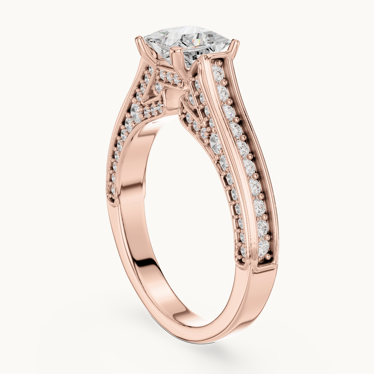 Princess-cut lab-grown diamond split shank pavé engagement ring in 14K rose gold, 1.70 CT TW, view 1