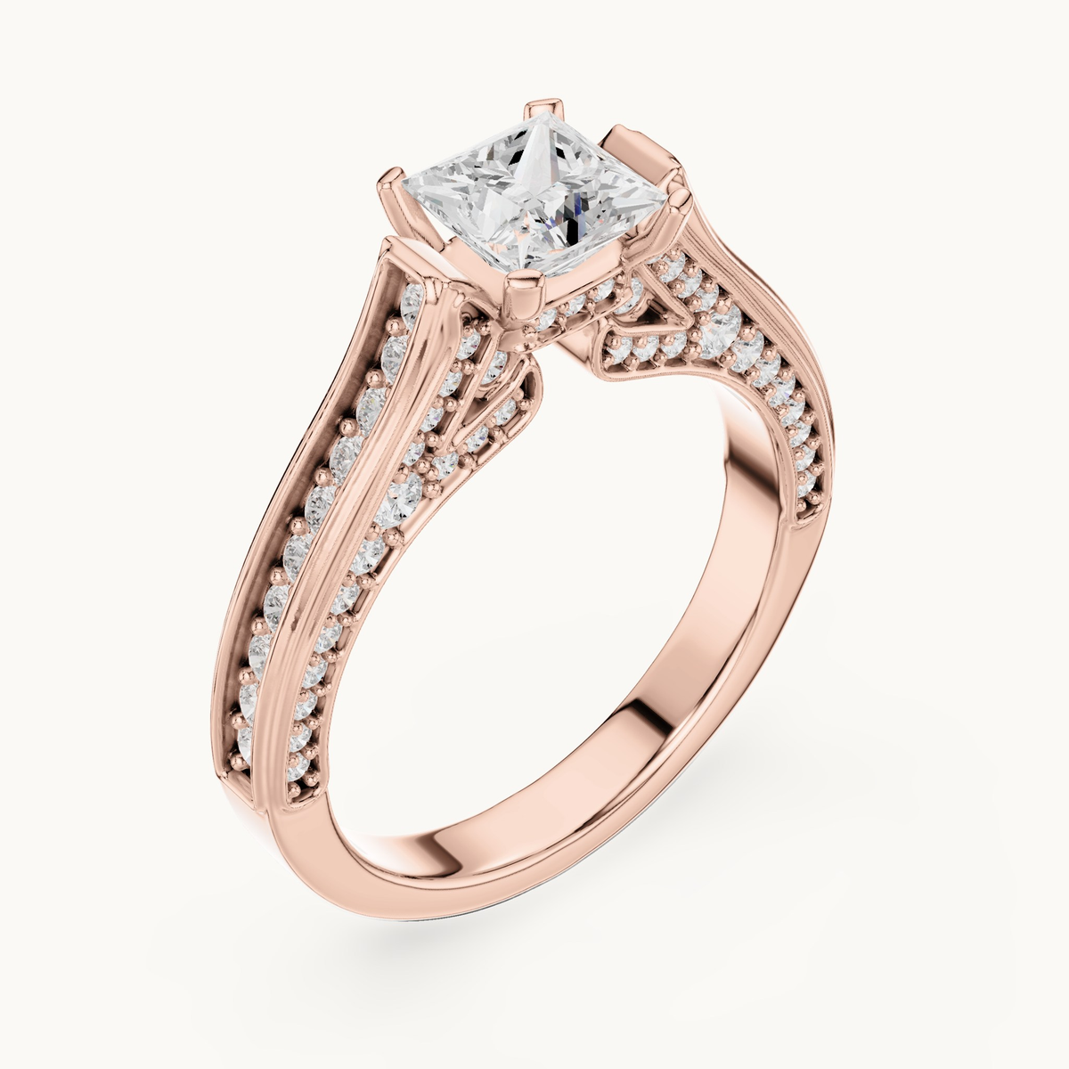 Princess-cut lab-grown diamond split shank pavé engagement ring in 14K rose gold, 1.70 CT TW, view 2