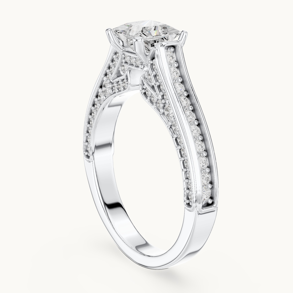 Princess-cut lab-grown diamond split shank pavé engagement ring in 14K white gold, 1.70 CT TW, view 1